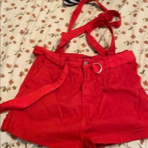 Red overall shorts